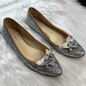 Miu Miu Silver Glitter Rhinestone Embellished Flats